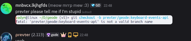 Lizard (me) says: 'prevter please tell me if I'm stupid' (with image of failed terminal command attached), prevter responds: 'yeah', comically cropped